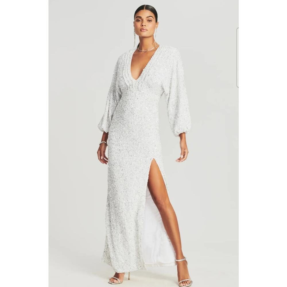 Retrofete Camille Sequin Chiffon Dress V Neck Long Sleeve Maxi White Size XS NWT